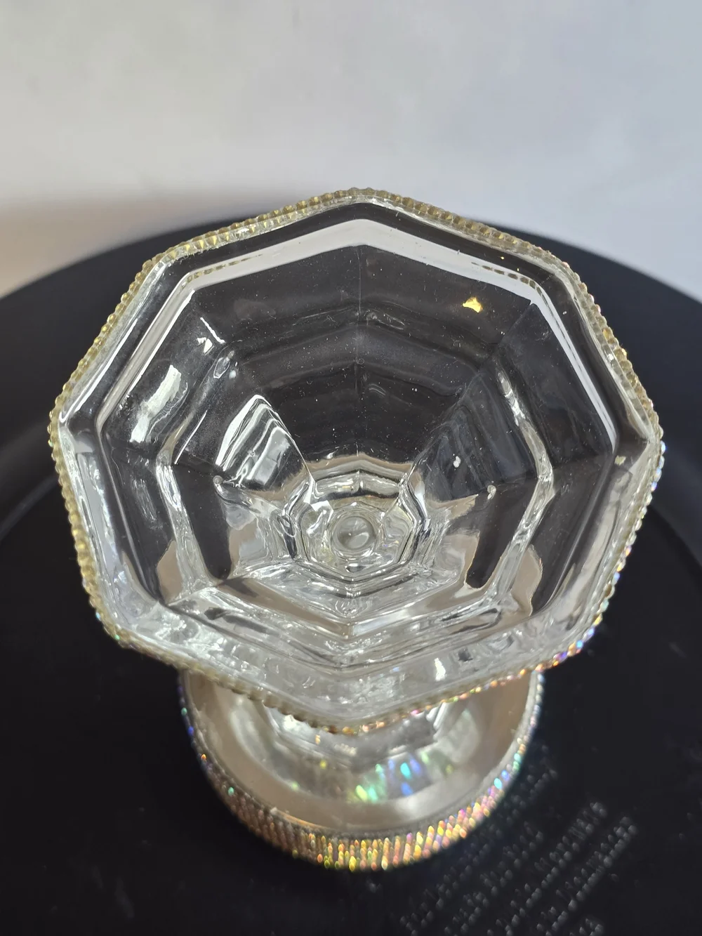 Glass Candle Holder with Iridescent Rhinestones New 5x3.5 Inch Handmade